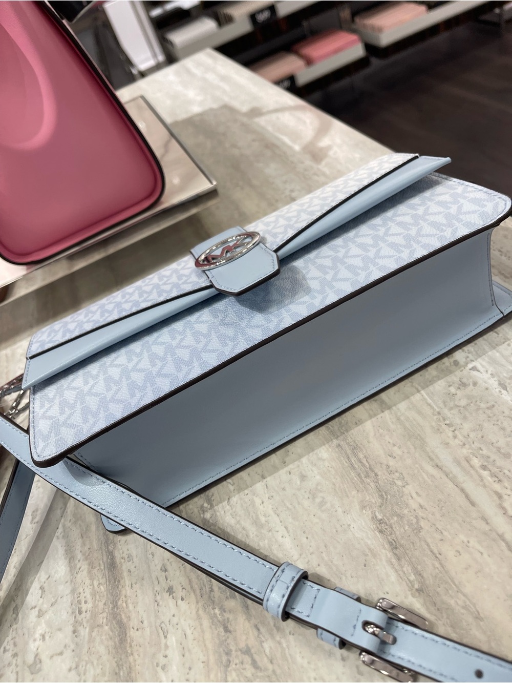 MICHAEL KORS Greenwich Md Signature Logo Shoulder Crossbody Satchel 
Pale Ocean - Picture 13 of 16